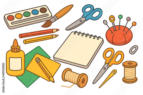 Set of crafting tools for sewing, drawing and art projects. Vector illustration of creative hobby supplies like scissors, paint, pencils, glue, and thread for DIY activities.