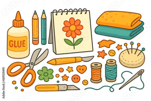 Crafting and hobby vector set. Creative tools for handmade projects, sewing, and drawing. DIY supplies illustration with scissors, thread, glue, and pencils for scrapbooking.