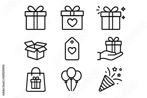 Gift and celebration line icon set. Present, party, birthday and holiday symbols. Vector outline icons for UI, web and apps. Editable stroke. Surprise box, balloon, party popper.
