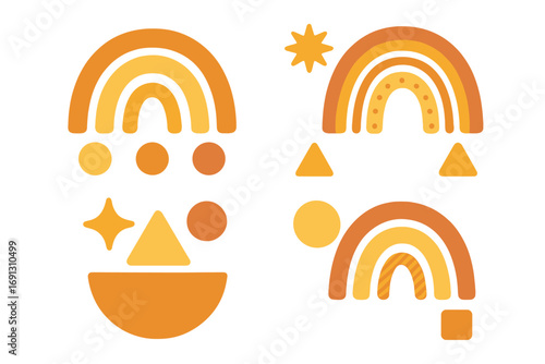 Boho rainbow collection with abstract geometric shapes. Modern flat vector design elements in warm yellow orange colors. Scandinavian style graphics for baby shower, nursery.