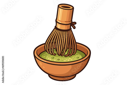 Matcha green tea preparation with bamboo whisk chasen in a bowl. Japanese tea ceremony concept. Traditional asian culture beverage. Healthy drink vector cartoon illustration.