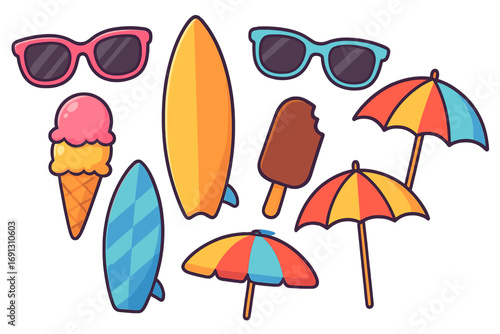 Summer beach vacation icon set with colorful accessories. Cartoon vector illustration collection with surfboard, sunglasses, ice cream, popsicle and umbrella for holiday design.