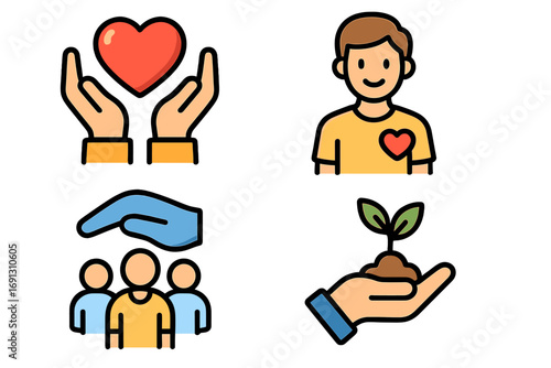 Charity icons set with donation, volunteer, and community support symbols. Metaphors for help, love, growth, hope, and social care. Vector line art of hands with heart and plant.