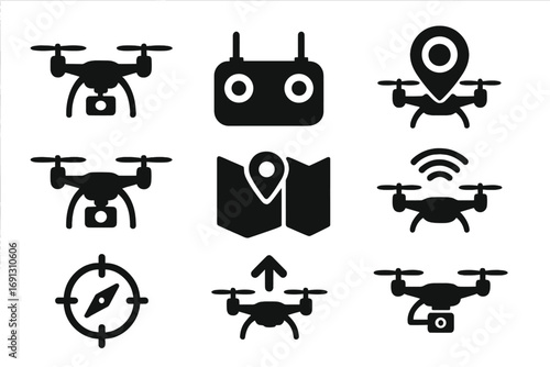 Drone technology icons flat silhouette set. Vector quadcopter with camera, remote control, map, gps pin. Navigation and delivery concept symbols for modern devices and ui.