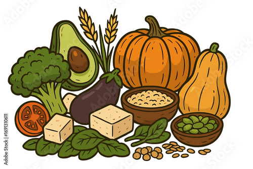 Plant-based food assortment. Healthy vegan diet concept. Vector cartoon illustration of vegetables, tofu, legumes and grains. Nutrition, sustainability and organic food.