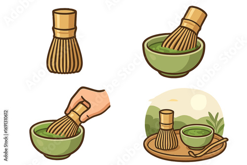 Japanese matcha green tea ceremony vector icon set. Hand whisking tea with bamboo chasen in a bowl. Traditional asian drink preparation. Healthy lifestyle and zen culture.