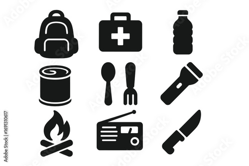 Emergency essentials silhouette icon set for survival preparedness. Vector graphic of disaster gear like bug out bag, first aid kit, food, water, flashlight, and knife icons.