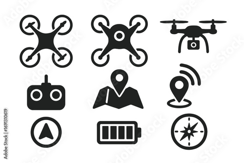 Quadcopter drone flat icons collection. UAV technology symbols for navigation, flight control, and delivery. Vector silhouette set with remote, GPS, map, and battery.