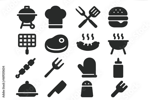 Barbecue and grill solid icon set. Cooking food and chef tools silhouette collection. Vector illustration for picnic party. Contains burger, steak, sausage, skewer, kitchenware.