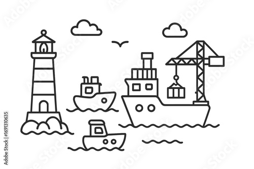 Harbor scene with cargo ship and crane. Maritime transport logistics concept. Vector line art of boats, lighthouse, and seaport. Nautical shipping and international trade.
