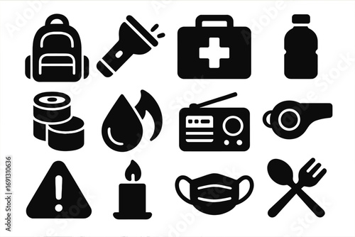 Emergency preparedness icons set. Survival kit equipment for disaster evacuation. Vector illustration of safety supplies like food, water, first aid, radio, and flashlight.
