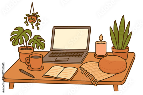 Cozy home office workspace for remote work or study. Desk with laptop, coffee, plants, and candle. Hygge freelance lifestyle concept. Vector cartoon illustration for comfort.