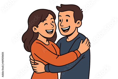 Happy young couple in love hugging. Man and woman embrace, smiling. Relationship, romance, affection concept. Cheerful moment together. Vector cartoon character illustration.