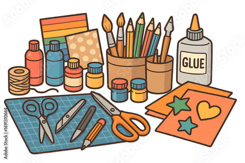 Art and craft supplies for creativity and DIY projects. Vector set of school and hobby tools like scissors, glue, paint, brushes, paper, and pencils for a creative workshop.