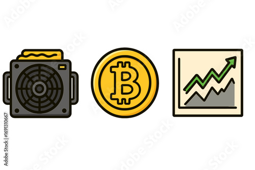 Cryptocurrency mining vector icon set. ASIC hardware for mining farm, bitcoin coin symbol, and stock market growth chart. Blockchain technology, finance, and investment concept.