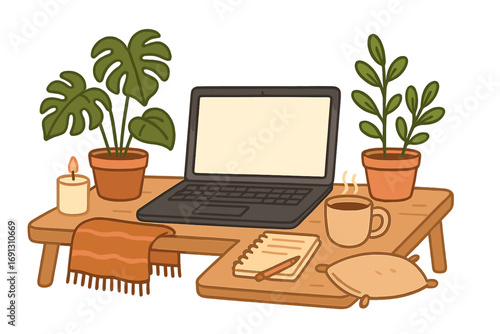 Cozy home office workspace. Remote work, freelance concept. Desk with laptop, plants, coffee. Hygge lifestyle. Comfortable workplace. Study, relax. Cartoon vector illustration.