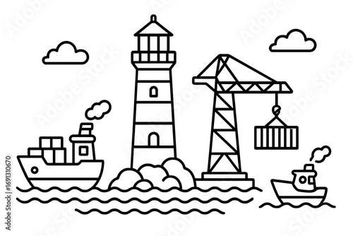 Harbor scene line art. Port logistics with cargo ship, crane, and lighthouse. Maritime shipping and transportation vector icon set. Sea freight and container delivery.