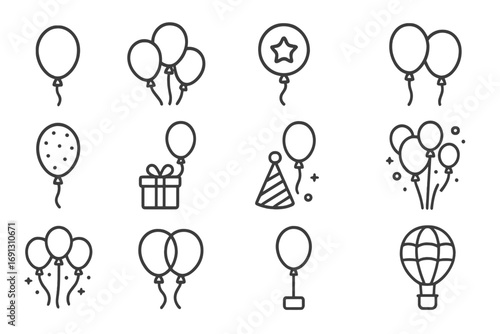 Balloon and party line icon set. Celebration and holiday symbols collection. Birthday gift, party hat, hot air balloon. Editable stroke vector outline pictogram sign design.