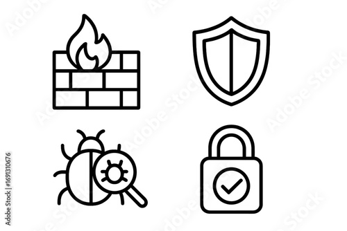 Cybersecurity icon set with firewall, shield, and virus detection symbols. Vector line art illustration for network protection, data security, and privacy concepts.