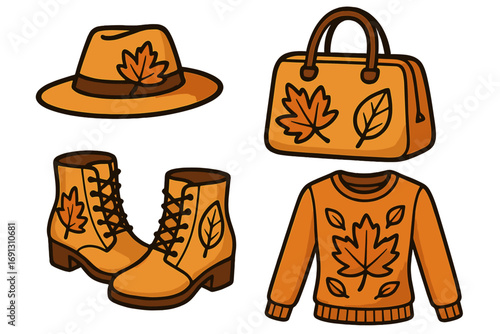Autumn fashion set with maple leaf. Vector collection of seasonal clothing and accessories. Includes hat, boots, bag, and sweater. Stylish fall outfit cartoon illustration.