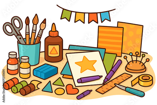 Vector cartoon illustration of creative crafting tools and art supplies for DIY projects. Handmade hobby concept with scissors, paint, paper, and glue for school or workshop.