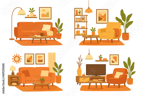 Cozy living room interior set. Modern furniture collection. Home decor ideas for comfort and warmth. Flat vector cartoon illustration for hygge lifestyle and home improvement.
