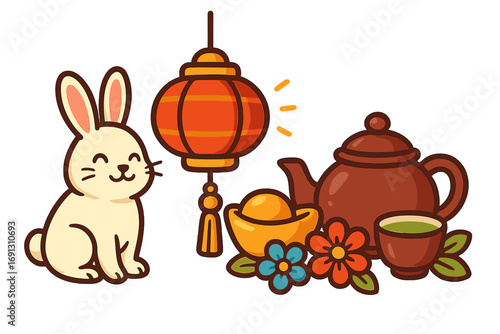 Mid-Autumn Festival cute rabbit with lantern, teapot, gold ingot. Chinese New Year celebration concept. Asian culture traditional symbols. Lunar New Year wealth and good fortune.