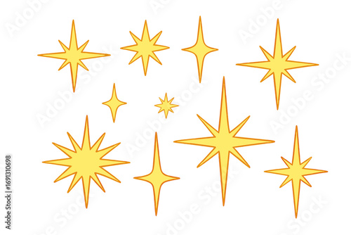Golden starburst shapes and sparkle vector icon set. Bright glitter stars for creative design. Cartoon flash, twinkle, and shine graphic elements. Isolated for easy use.
