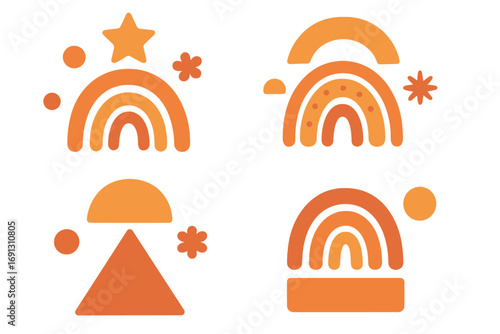 Set of abstract boho rainbows. Minimalist geometric shapes in warm terracotta orange colors. Modern aesthetic art for prints, posters, stickers. Flat vector cartoon elements.