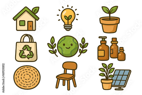 Eco-friendly icon set for sustainable living. Green lifestyle concept with renewable energy, recycling, and organic product symbols. Vector illustration for ecology and earth day.