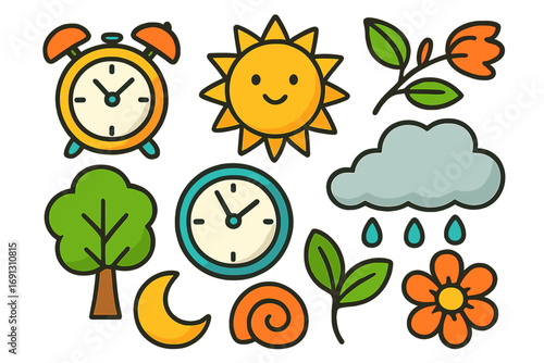 Cute cartoon icon set of time and nature elements. Vector collection with clock, sun, moon, cloud, rain, tree, and flower. Simple flat design for day and night cycle.