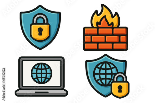 Cybersecurity icon set for internet safety and data protection. Vector symbols of firewall, secure connection, vpn, and network defense. Privacy and web security concept.