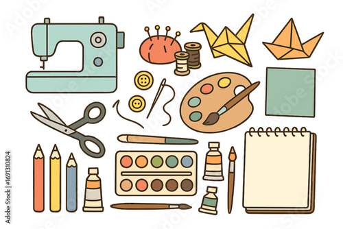 Craft hobby tool set. Sewing machine, art supplies, origami icons. Painting, drawing, needlework creative collection. Vector cartoon illustration for a DIY project concept.