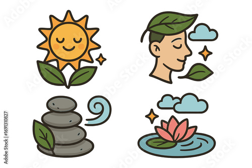 Set of nature-inspired icons for harmony and tranquility. Vector cartoon illustrations for zen, meditation, yoga, and wellness. Sun, lotus, balanced stones, peaceful mind.