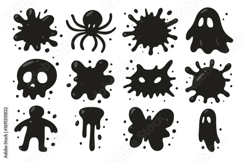 Halloween ink blot set. Spooky black silhouettes of ghost, monster, spider, skull. Vector cartoon scary stains splashes. Creepy grunge abstract dirty splatter elements isolated.