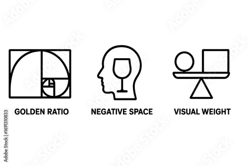 Design principles thin line icon set. Golden ratio, negative space, visual weight vector symbols. Graphic design composition, balance, harmony, and layout theory concepts.