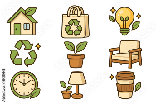 Eco friendly icon set for sustainable living. Green lifestyle concept with vector icons for recycling, green energy, conscious home decor, and zero waste choices. Environment.