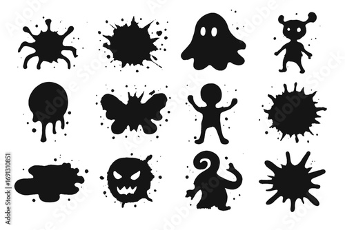 Halloween inkblot monster set. Spooky ghost, bat, and alien silhouettes. Abstract black ink splash, drip, and stain shapes. Grunge vector cartoon illustration collection.
