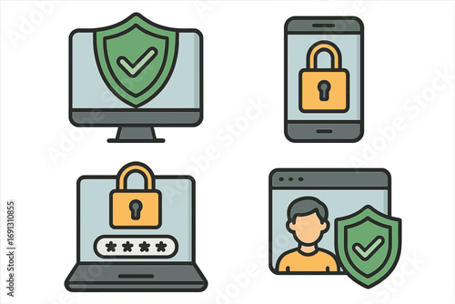 Cybersecurity icon set for digital security. Online safety, data protection concept. Vector symbols for antivirus, password access, user identity verification, and mobile privacy.