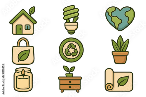 Eco-friendly icon set. Sustainable living, zero waste & green lifestyle concepts. Ecology symbols: recycle, reusable bag, energy saving bulb, eco home, plant. Environment vector.