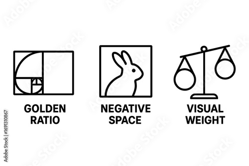 Design principles icon set. Golden ratio, negative space, visual weight line icons. Graphic design concepts for composition, balance, harmony, proportion, and layout.