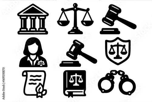 Law and justice black icon set. Vector collection of legal symbols including courthouse, judge, gavel, scales, law book, and handcuffs. Legal system and crime concept.