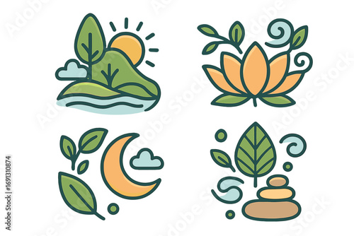 Nature icon set for harmony and tranquility. Vector illustrations of zen meditation, yoga, and balance. Day and night landscape with sun, moon, lotus, and stacked stones.