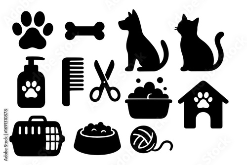 Pet care icon set. Essential animal silhouettes for grooming, home, and veterinary needs. Vector collection of dog, cat, food, kennel, and grooming tools. Black symbols.