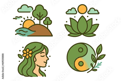 Nature harmony icon set vector. Zen, meditation, and wellness concepts. Yin yang symbol, lotus flower, mother earth goddess, and tranquil island landscape illustrations.