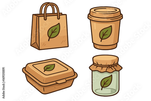 Eco-friendly packaging set with paper bag, cup, food box and glass jar. Sustainable, recyclable & biodegradable containers for zero waste lifestyle. Vector cartoon illustration.