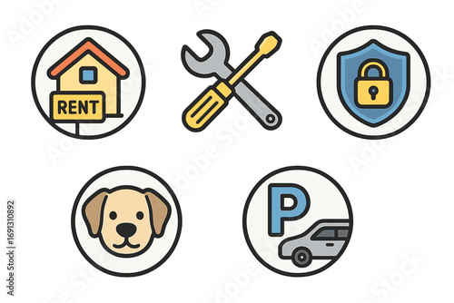 Real estate vector icon set for renting property. Essential symbols for rental agreements: house for rent, maintenance tools, security lock, pet friendly policy, and car parking.