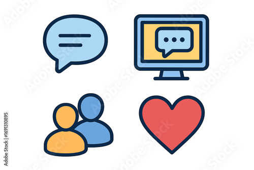Social media icon set for digital communication. Vector icons for community engagement and online interaction. Chat bubble, like heart, user group, and computer screen symbols.
