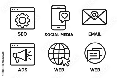 Digital marketing outline icon set. SEO, social media, email, ads, and web icons collection. Business strategy, online promotion, and communication symbols for technology.
