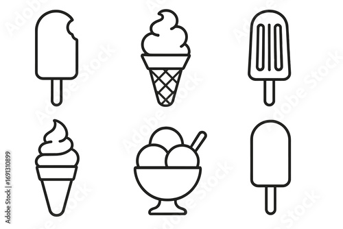 Ice cream icon set. Summer dessert food symbols. Minimalist line art collection of popsicle, soft serve cone, sundae, and gelato. Vector graphic for web, menu, cafe design.